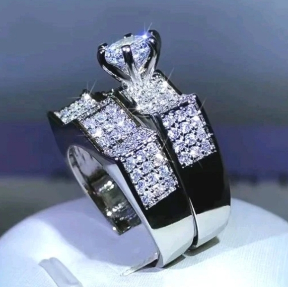 Women's 2pc Solid 925 Sterling Silver Lab Created Diamond Bridal Set SZ 9 - Picture 17 of 17